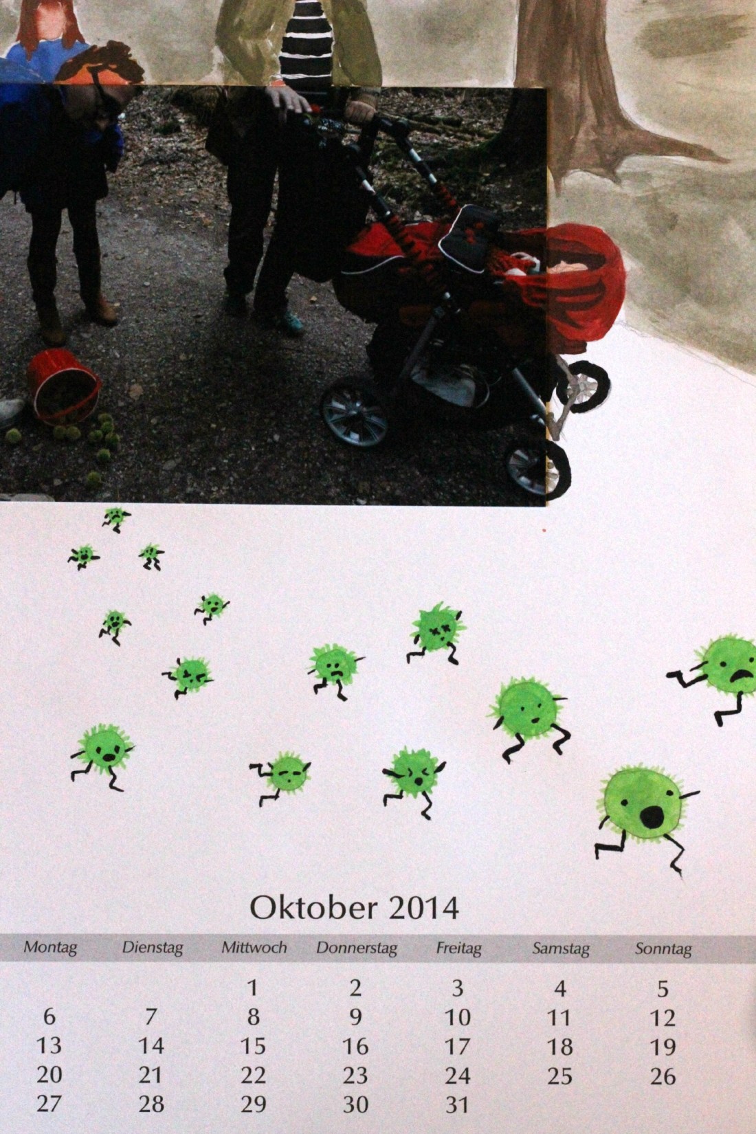 Foto von einem Kinderwagen im Wald, ein paar Beine von Menschen, die neben dem Kinderwagen stehen, gibt es auch. Das Foto ist auf das Blatt für den Oktober eines Bastelkalenders geklebt. Auf dem Foto kippt ein Eimer Maronen um, auf dem Kalenderblatt drum drin sind Zeichnungen davon wie diese Maron panisch in Richtung Betrachter_in laufen.